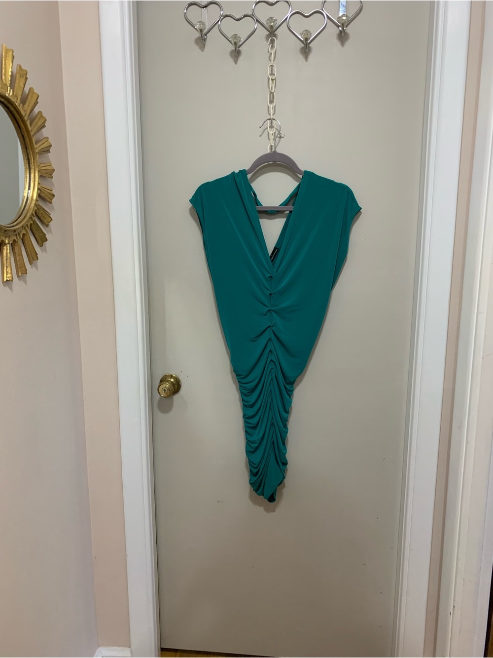 Vintage Moda International Teal Ruched V-Neck Dress